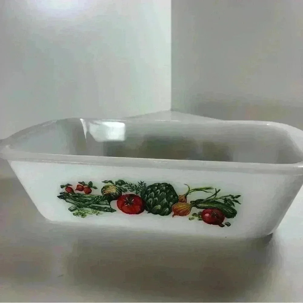 Vintage milk  glass Glasbake loaf pan with vegetable garden harvest graphics